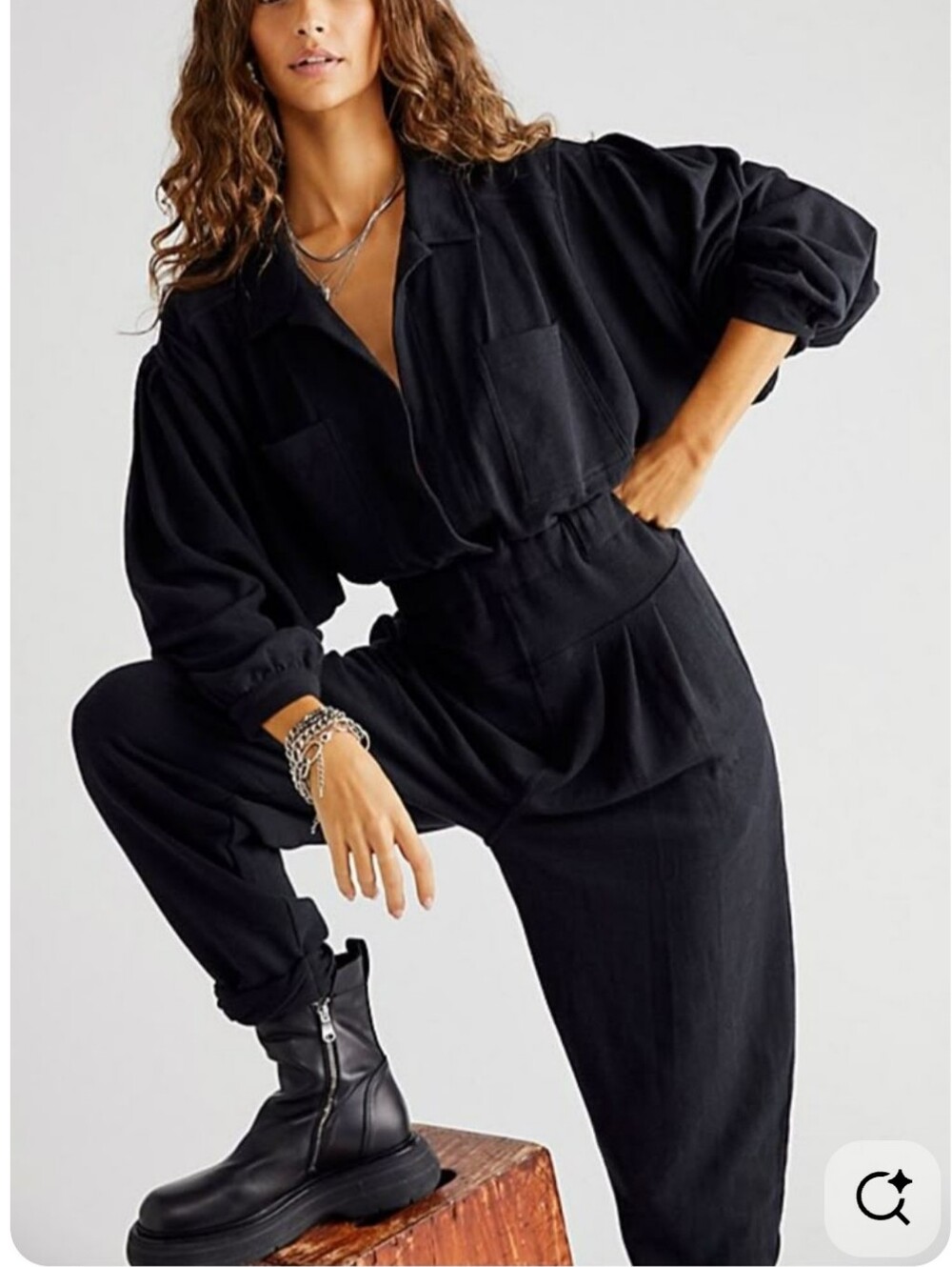 Free People Faye One-Piece Long Sleeve Utility Jumpsuit Romper Black Size Large